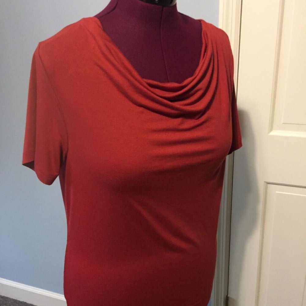LADIES SIZE 10 PULLOVER TOP SCOOP NECK SHORT SLEEVES RUST BLOUSE SLINKY FABRIC